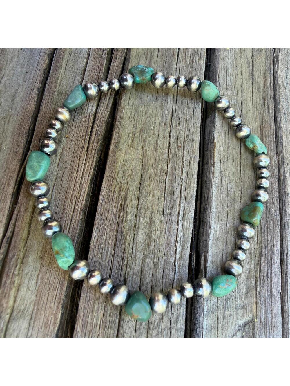 Green Sonoran & 3-4mm Sterling Desert Pearl 6" Stretch Bracelet